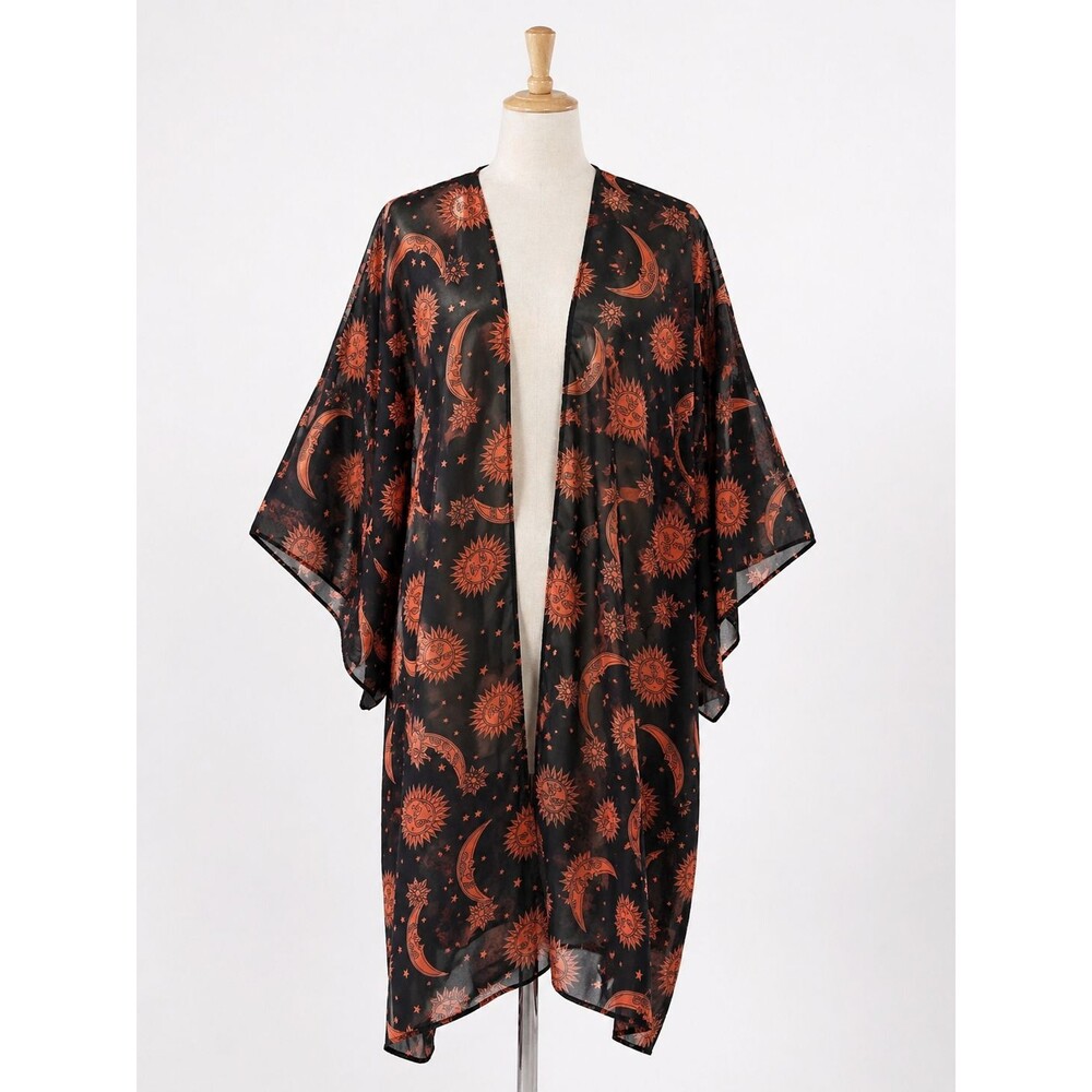 Hibluco Celestial Print Kimono Jacket Medium Black Brown Print Boho Festival